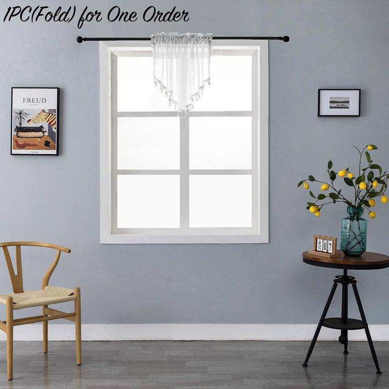 PearAge Beaded Triangle Sheer Valance Curtains for Living Room,Rod Pocket Farmhouse Window Valance, Bead Trim Tassel Voile Sheer Curtain Valance for Bedroom Bathroom Cafe 51x24 Inches (Ivory) 1PC - Image 2